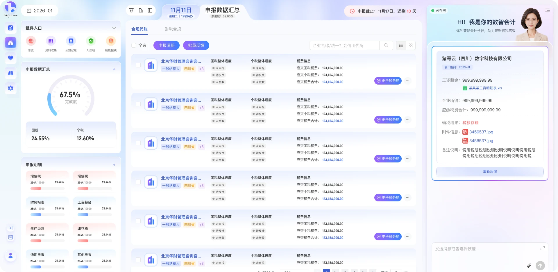 申报任务、税务数据和数智会计协同处理工作台